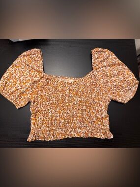 Smocked Floral Crop Top in White and Orange